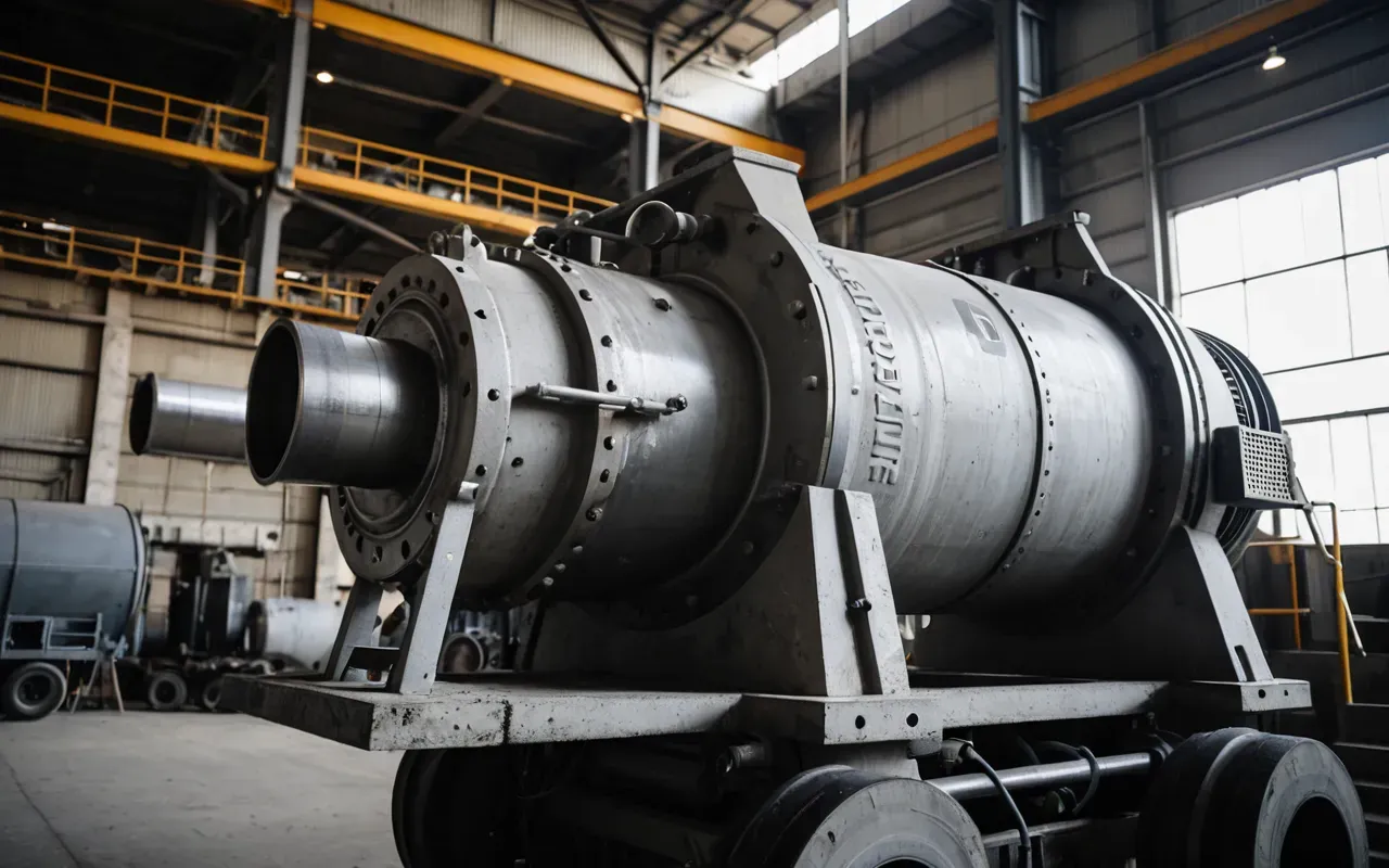 A close up view of a mechanical concrete mixer with rotating drums and metal pipes in an industrial setting showing precision engineering components under natural daylight.