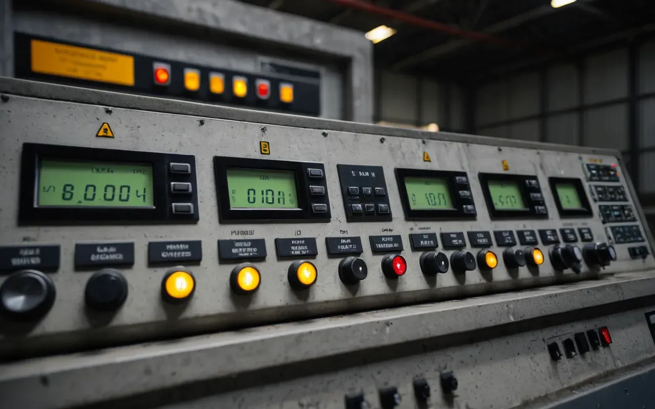 concrete batching plant controls A close-up view of a modern concrete batching plant control panel with various dials and indicator lights glowing softly in a dim industrial setting. The focus is on the mechanical components showing wear, emphasizing the need for precise calibration in sustainable construction processes.