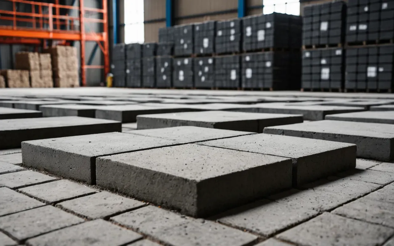 A close up view of concrete pavers and blocks stacked neatly in a warehouse. The materials show smooth surfaces and uniform shapes indicating high quality manufacturing processes.