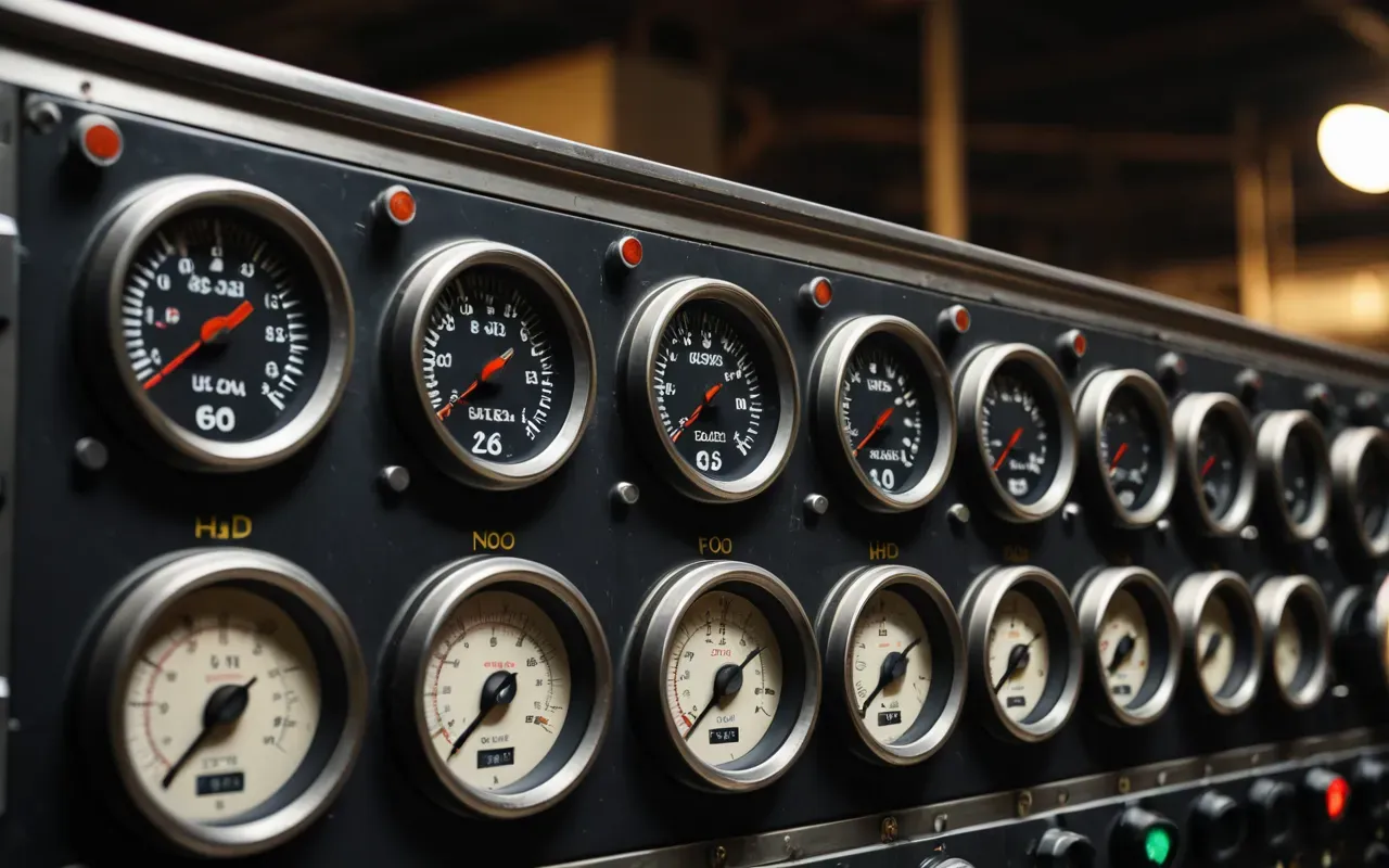 concrete plant control system details A close up view of industrial control panels with dials and gauges showing mechanical systems in a factory setting under warm artificial lighting.