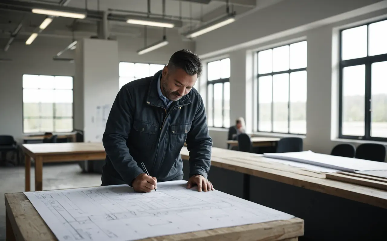construction engineering review A construction engineer reviewing structural drawings at a site office with natural light streaming through large windows and clean modern equipment nearby.