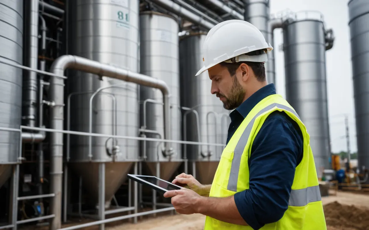 A construction supervisor in a hard hat and safety vest standing next to a dry batching plant control system looking at a digital tablet while checking the weather forecast on a cloudy day with rain drops visible on the glass window of the equipment shed.