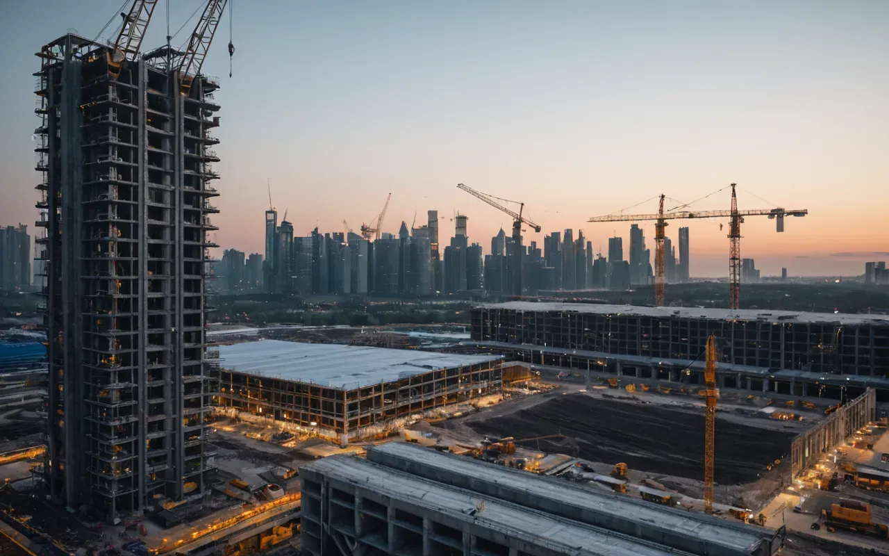 modern urban infrastructure development A futuristic city skyline at dusk with tall glass buildings illuminated from within. The foreground shows a large concrete structure under construction with cranes.