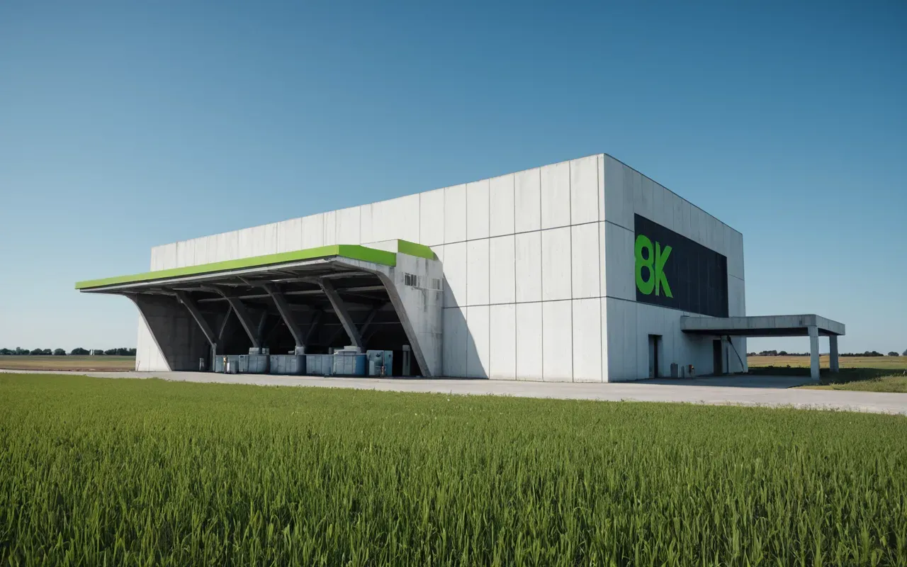 futuristic sustainable plant design A futuristic concrete batching facility with sleek white panels and green accents standing in a open field under a clear blue sky. The scene conveys innovation and sustainability without any visible text or branding, focusing on the clean design of modern industrial equipment.