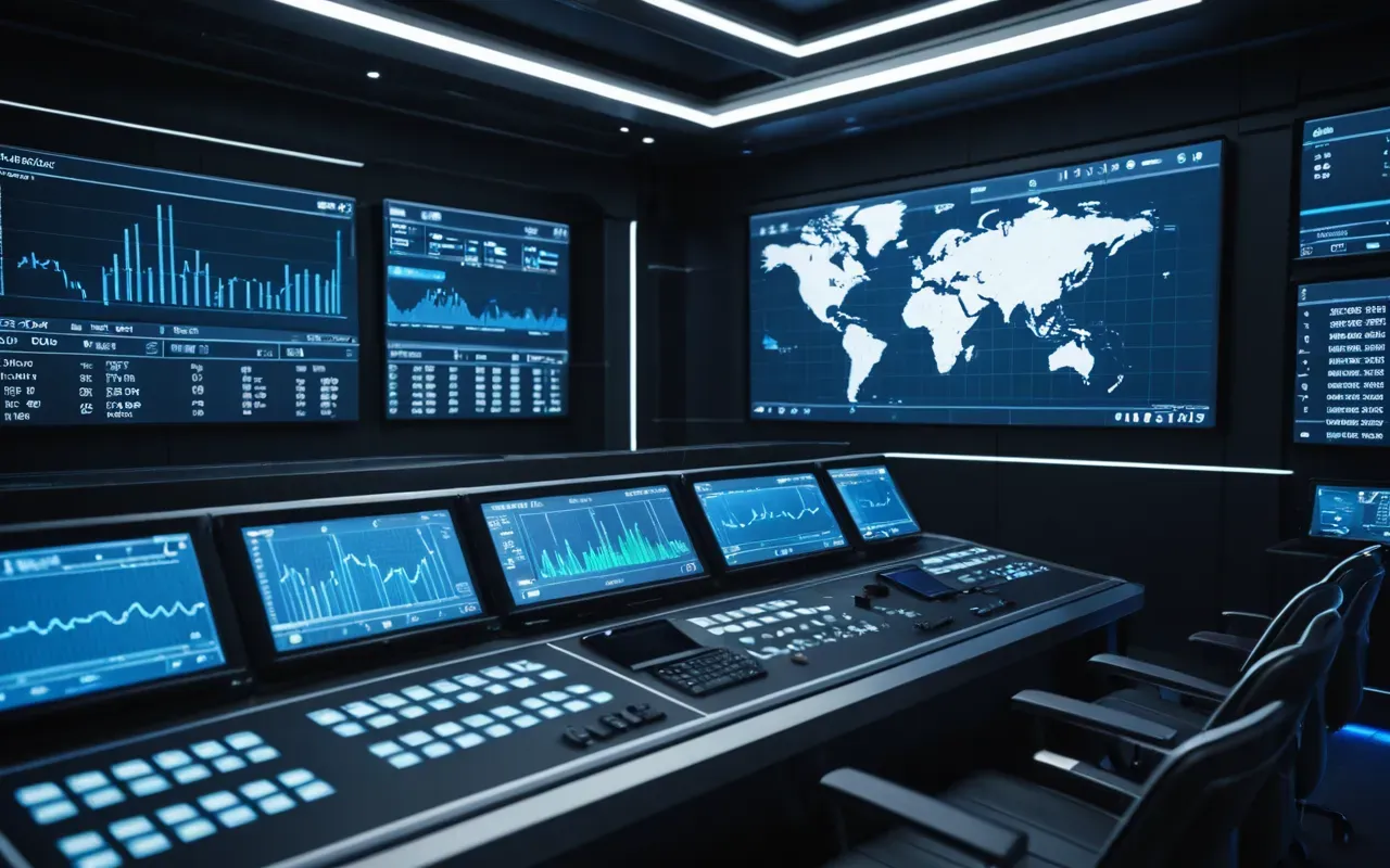A futuristic control room with large digital screens displaying data charts and machine status indicators, sleek modern design with blue ambient lighting, no people present, photorealistic interior shot of an industrial monitoring center.