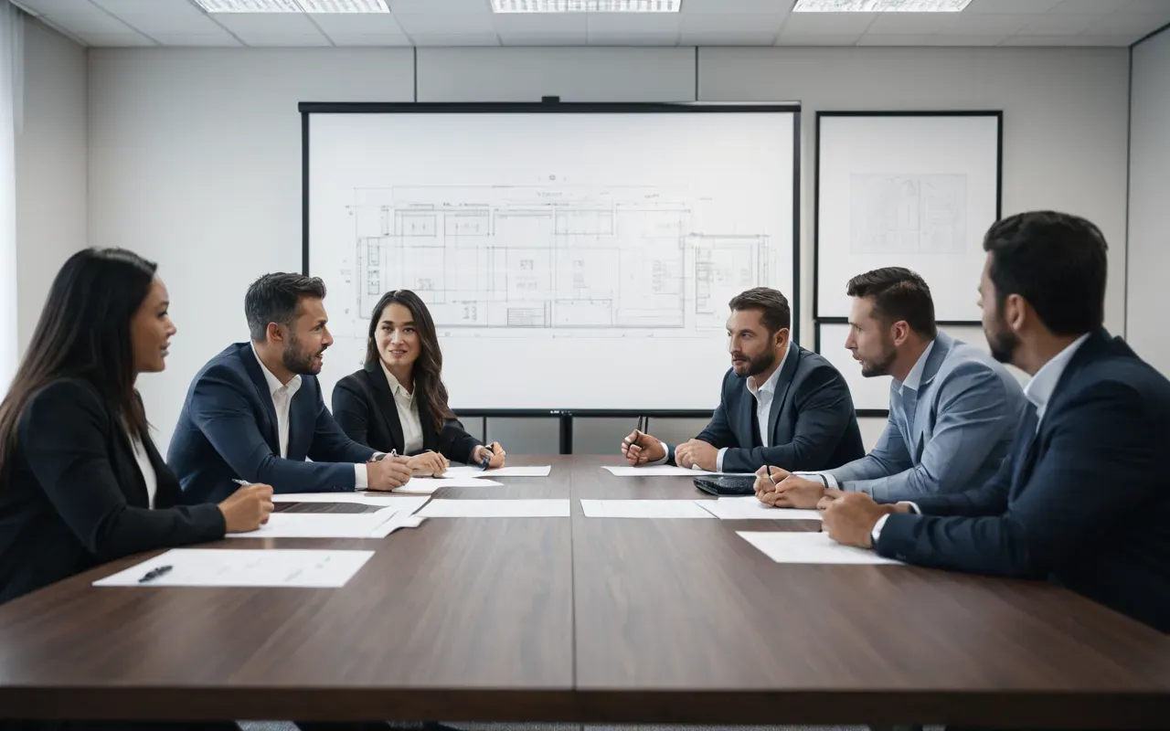 A group of professionals in a meeting room discussing blueprints and technical drawings on a large table.