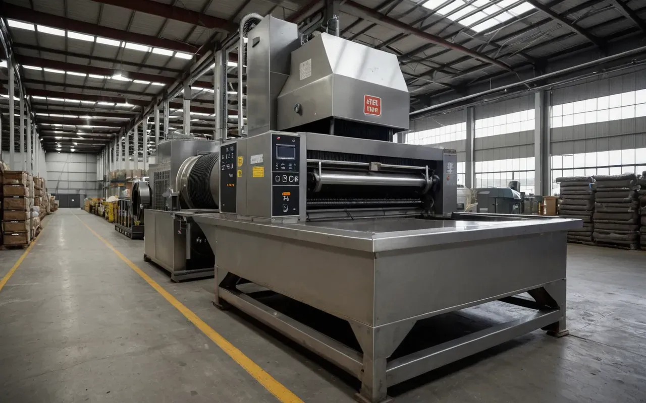 A large industrial mixing machine in a clean warehouse setting with soft lighting and neutral color tones visible.