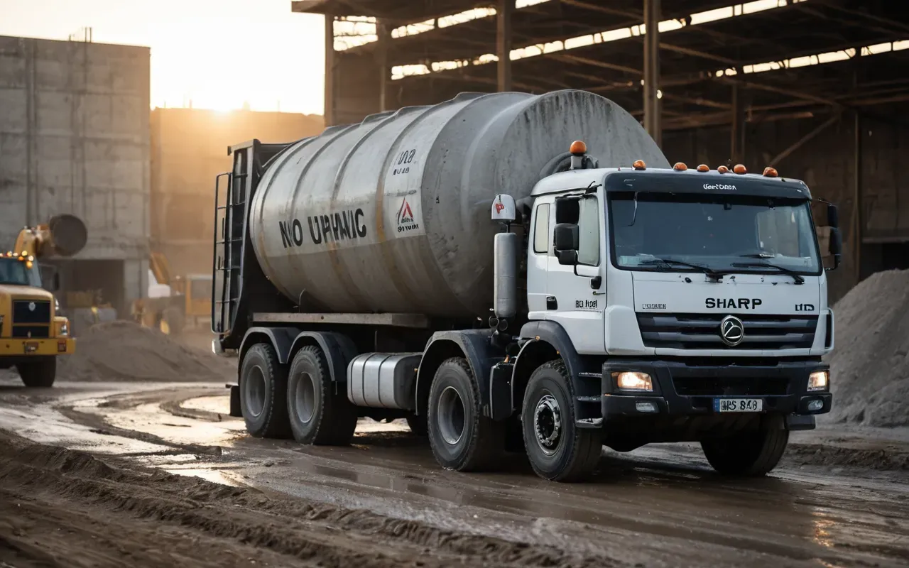 A massive ready-mix concrete truck parked on a dusty construction site at dawn with its drum spinning slowly under bright industrial lighting highlighting the wet gray material inside.