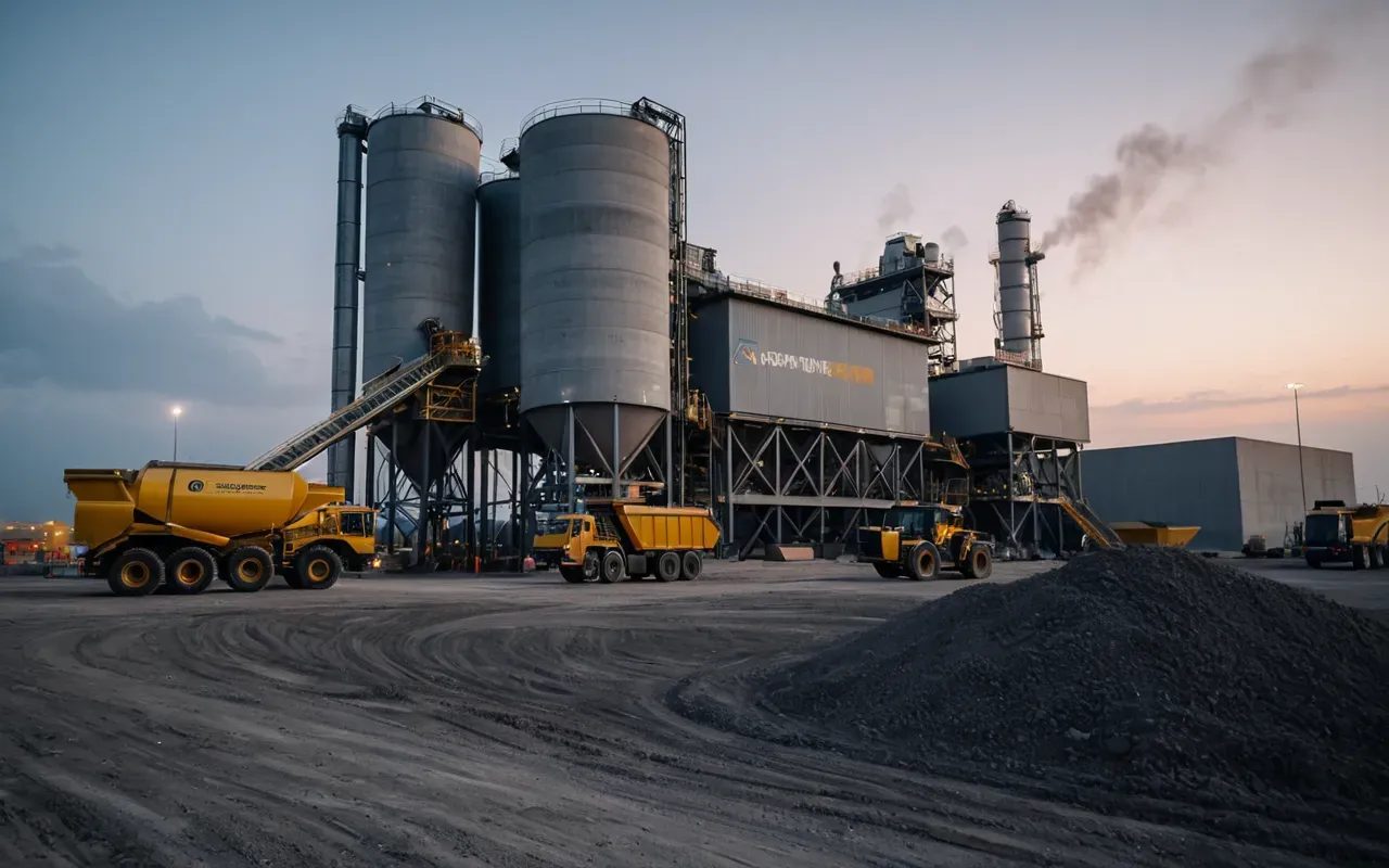 concrete batching plant operation A modern concrete batching plant operating on a large industrial construction site at dusk. Heavy machinery and dust clouds are visible under artificial lighting.
