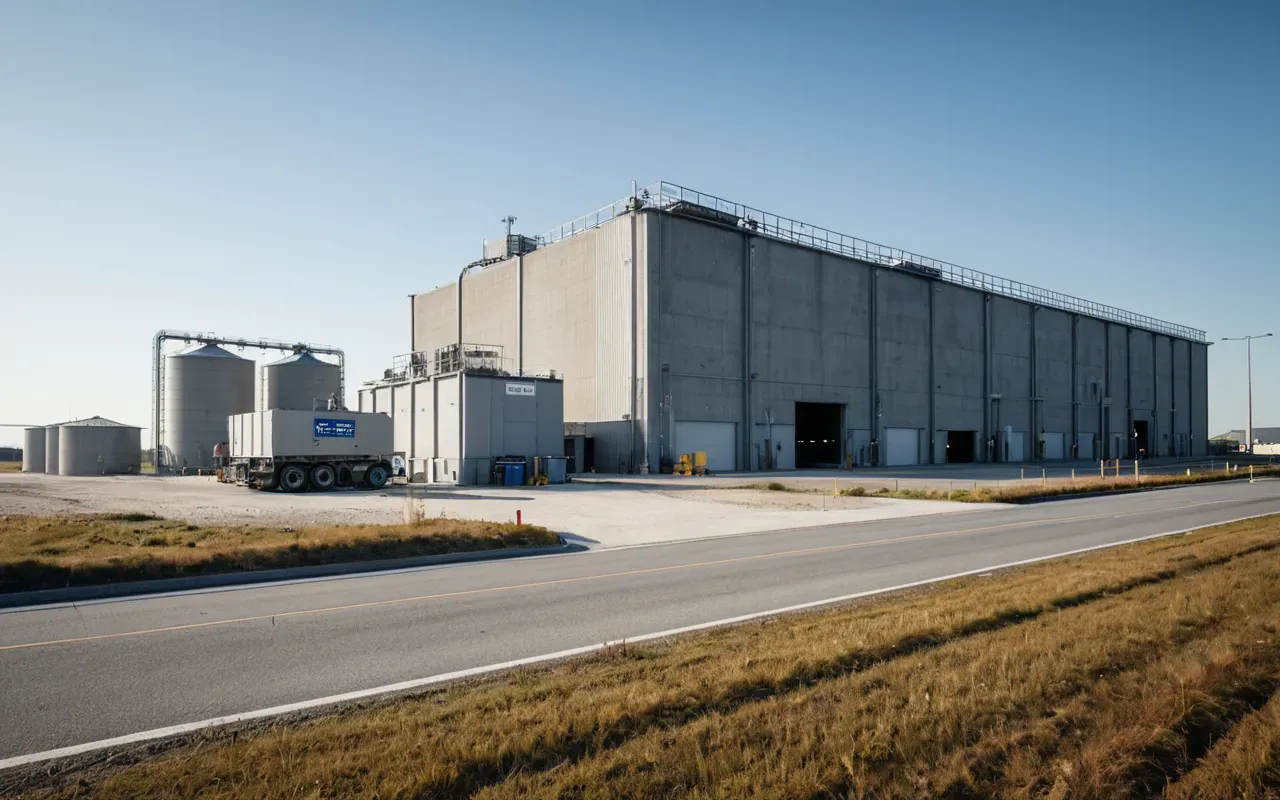 modern dry batching plant appearance A modern concrete mixing facility with clean industrial design and organized material storage areas under clear skies showing a professional setup.