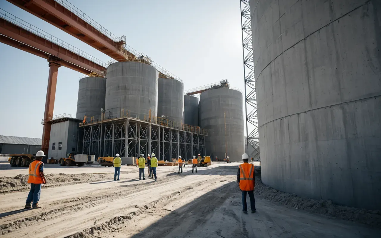 A modern construction site with a large concrete batching plant in the background and workers inspecting fresh concrete pours under bright daylight, clean professional atmosphere, photorealistic wide shot showing industrial equipment context.