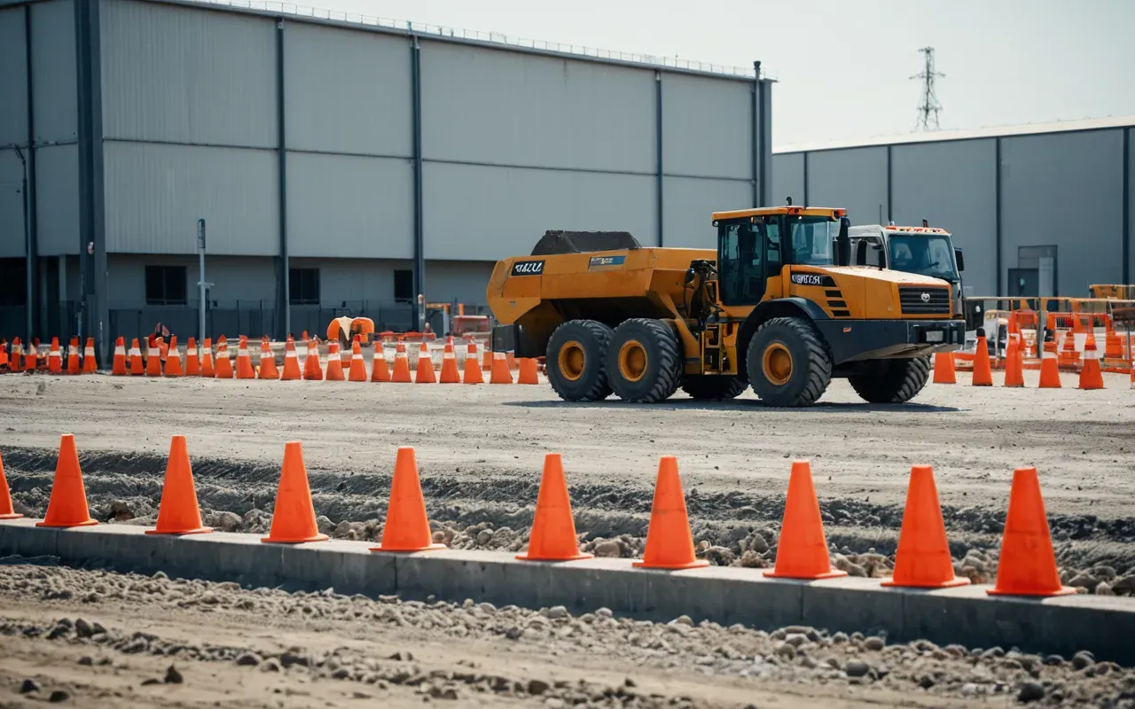 A modern construction site with heavy machinery mixing concrete in a large industrial yard surrounded by safety barriers and bright orange cones.