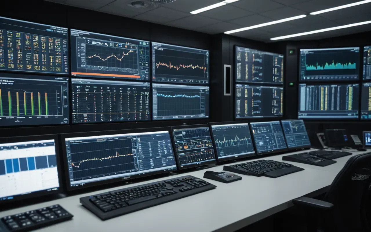 A modern control room with multiple screens showing data graphs and industrial monitoring software interfaces.