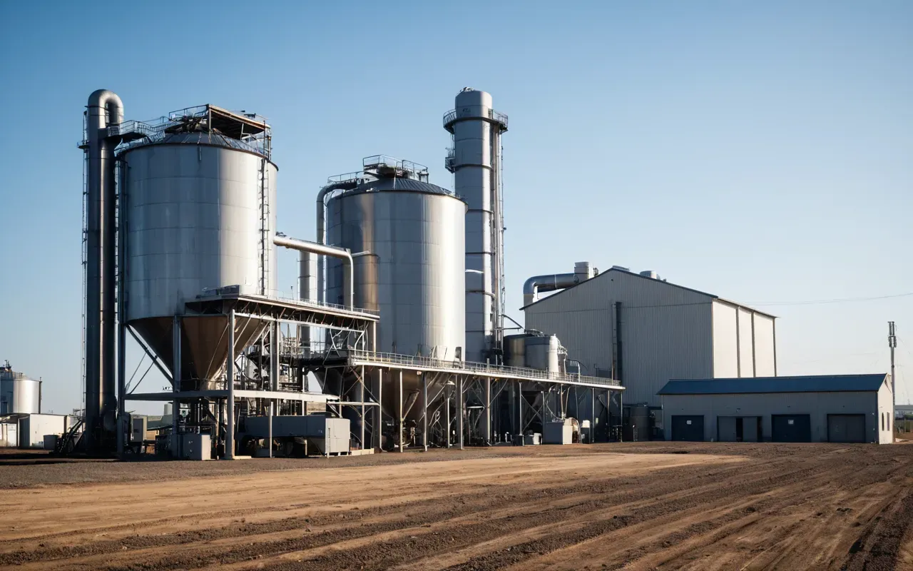 dry batching plant operation A modern dry batching plant with clean industrial design operating in an open yard under bright daylight and clear skies.