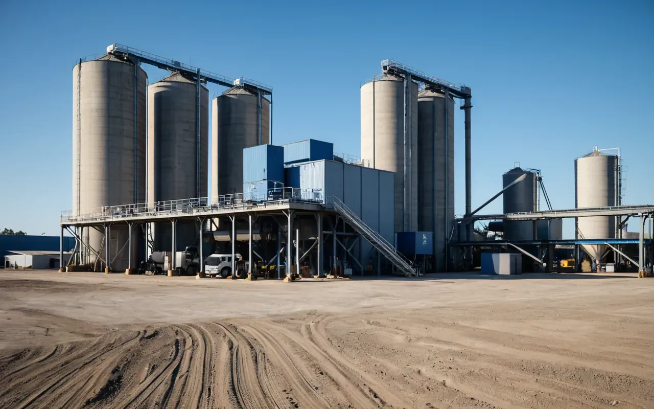 A modern dry concrete batching plant facility with tall silos and automated loading bins under a clear blue sky showing precise mechanical arms moving materials without any visible text or signs.