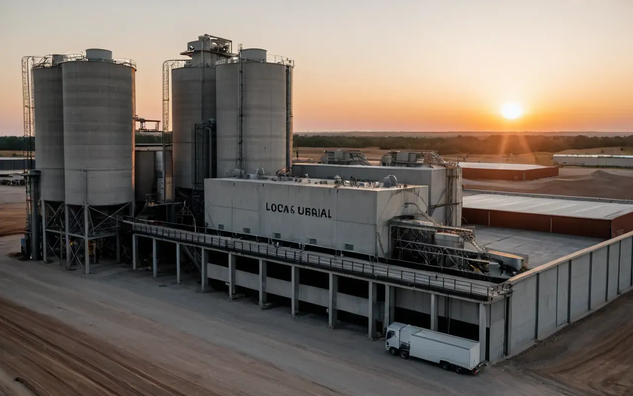 A modern dry concrete batching plant operating at sunset with clean industrial design and no text visible in the scene.