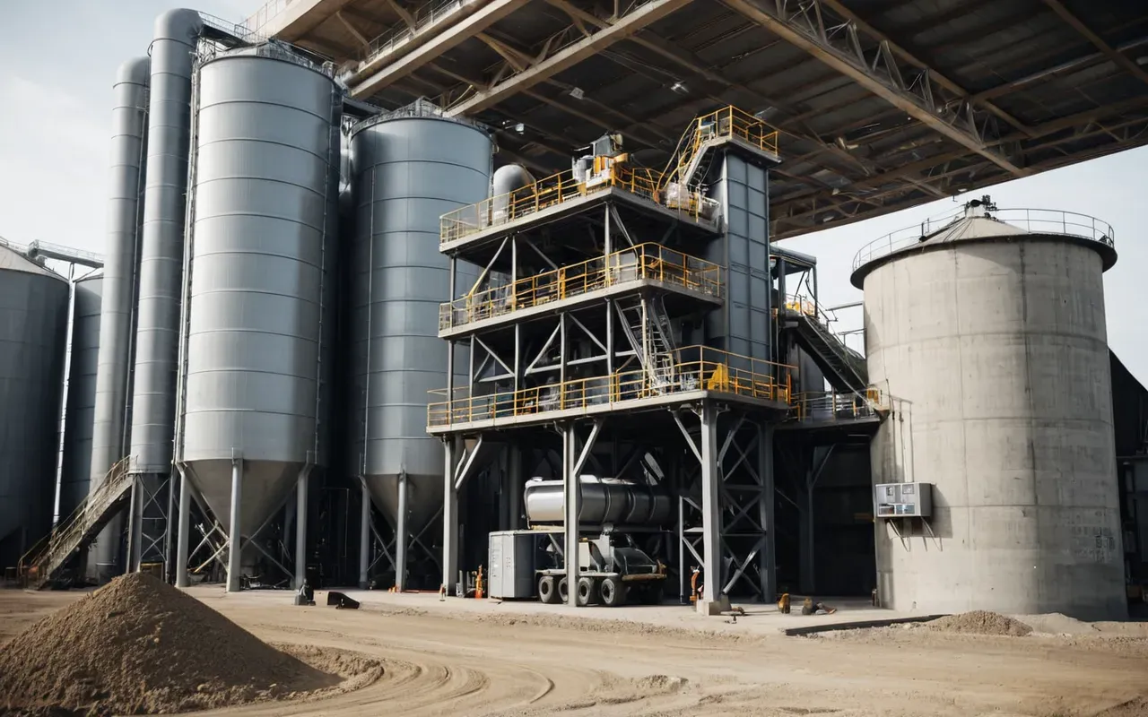 A modern dry concrete batching plant operating on a construction site with large cylindrical silos and a control panel where workers in high visibility vests are monitoring the mixing process under overcast skies indicating stable weather conditions.
