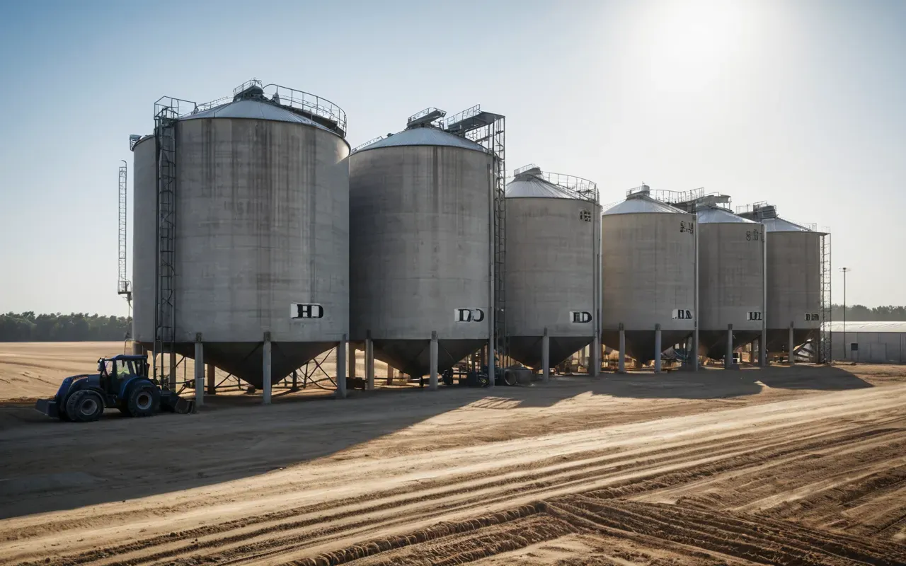 A modern industrial concrete batching facility with large silos and mixing drums situated in a dusty open field under bright sunlight showing active construction operations without any visible text or signage.