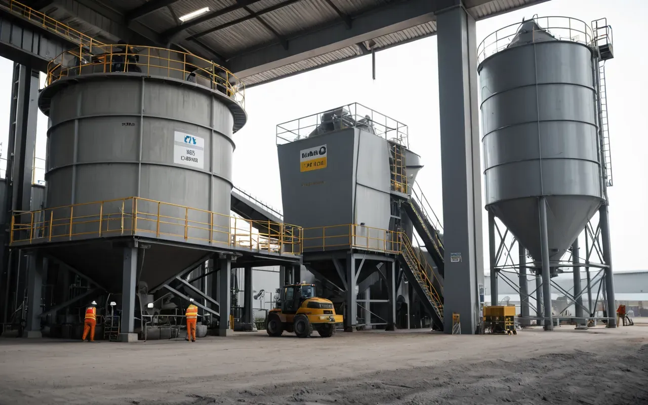A modern industrial concrete batching plant with large hoppers and mixing drums under bright daylight. Workers in high visibility vests stand near control panels monitoring digital displays without reading specific text details.