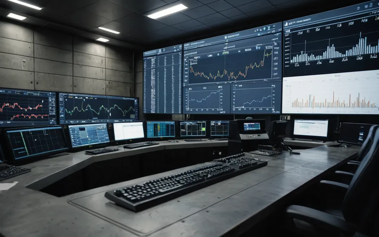 A modern industrial control room with large digital screens displaying real-time graphs and data visualizations of concrete mixing processes in a dimly lit high-tech facility.