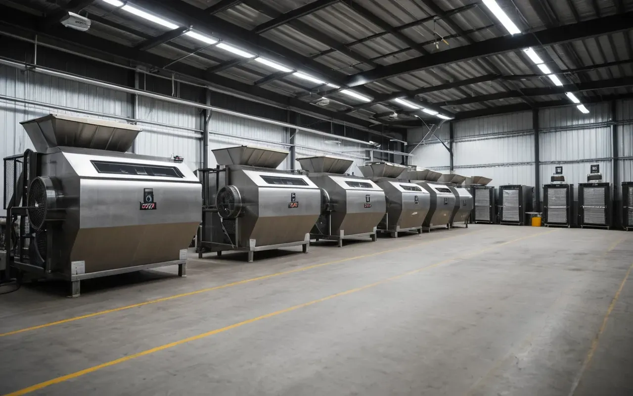 A modern industrial facility interior with large automated mixing machines and clean concrete storage bins under bright artificial lighting showing high efficiency operations without any visible text or signage.