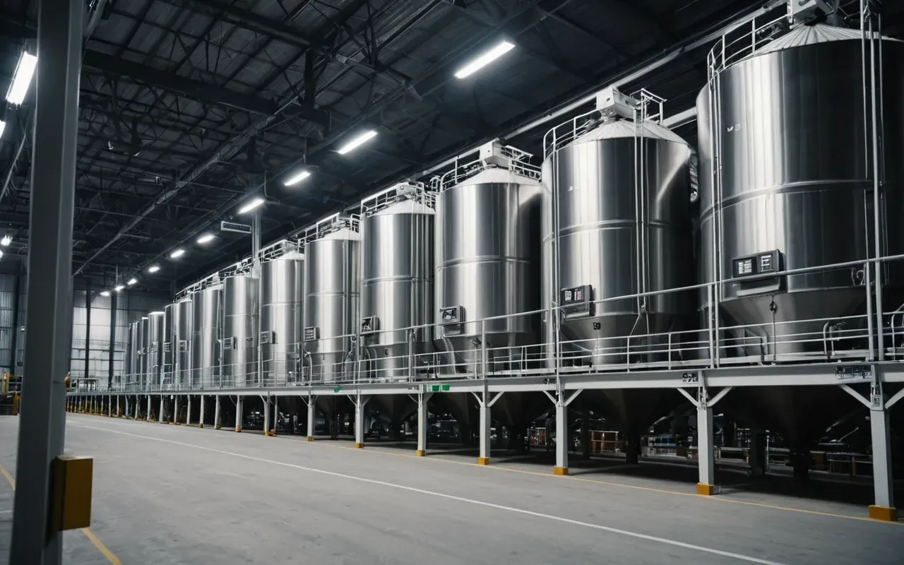 A modern industrial facility with large steel silos and conveyor belts operating under bright artificial lighting in a clean organized warehouse environment without any visible people.