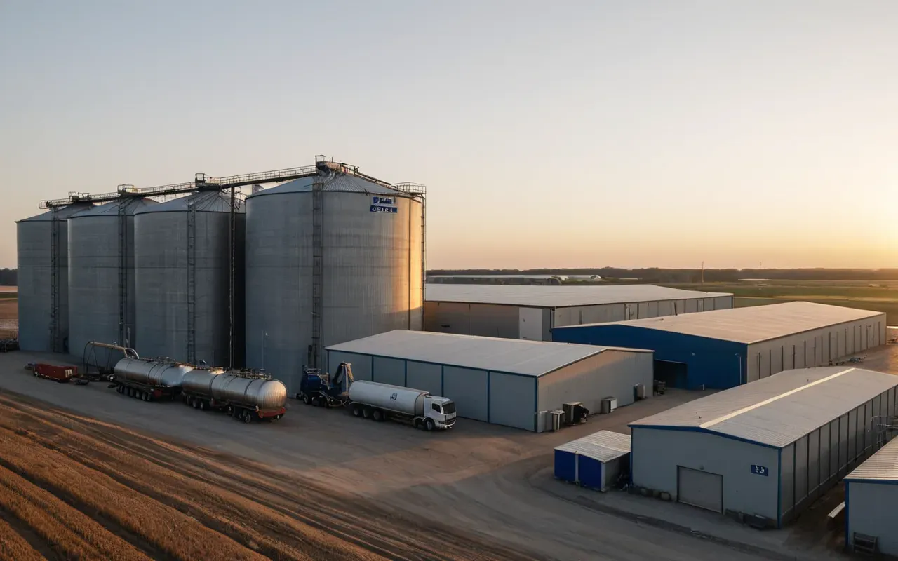 A modern industrial facility with large storage silos and mixing equipment seen from a distance at golden hour. The scene shows clean lines of contemporary construction architecture against an open sky with soft warm light casting long shadows across the paved yard.