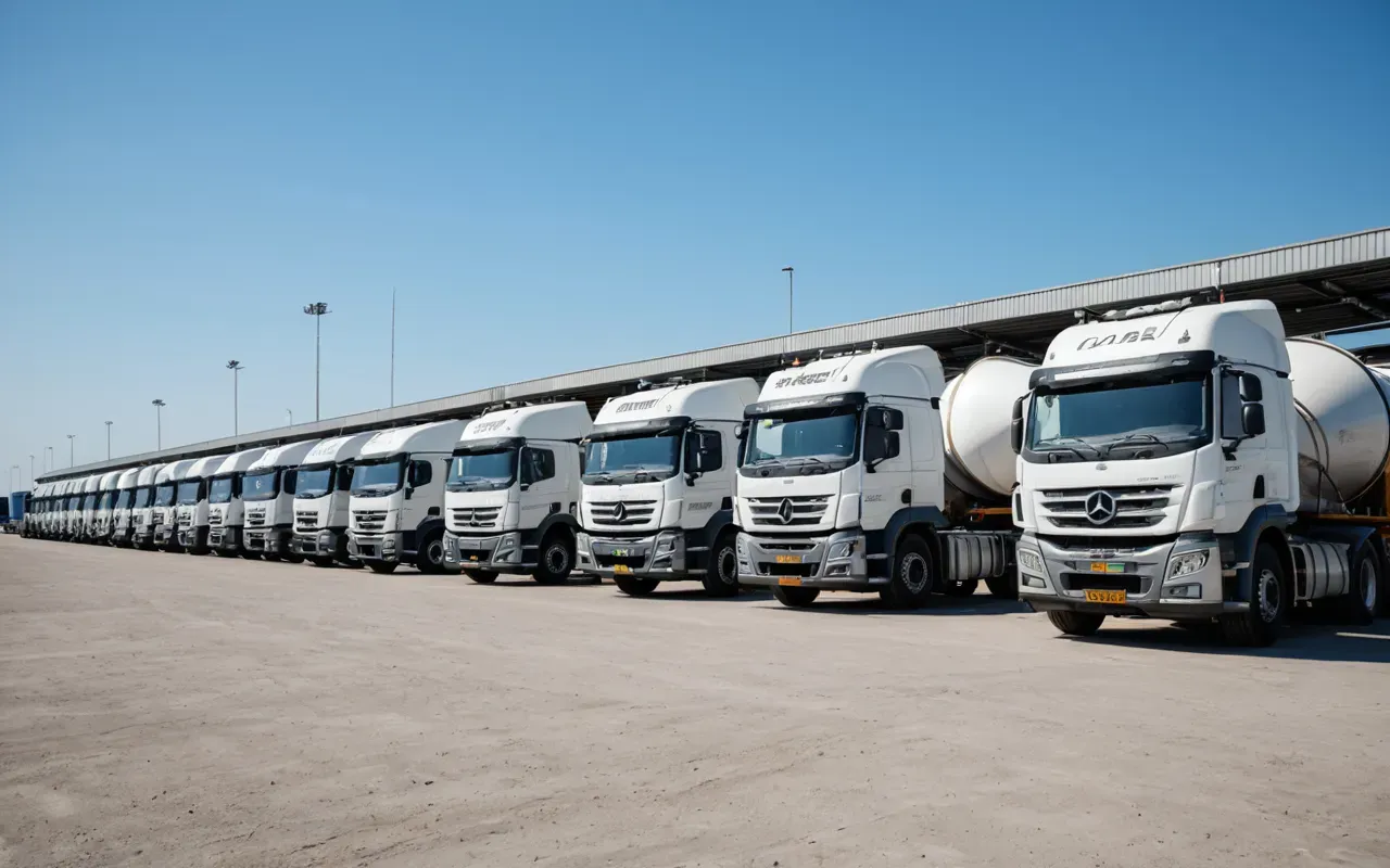 A modern logistics yard with several large concrete mixer trucks lined up in a row under clear blue sky, clean organized layout showing industrial scale and professional fleet management, photorealistic composition.