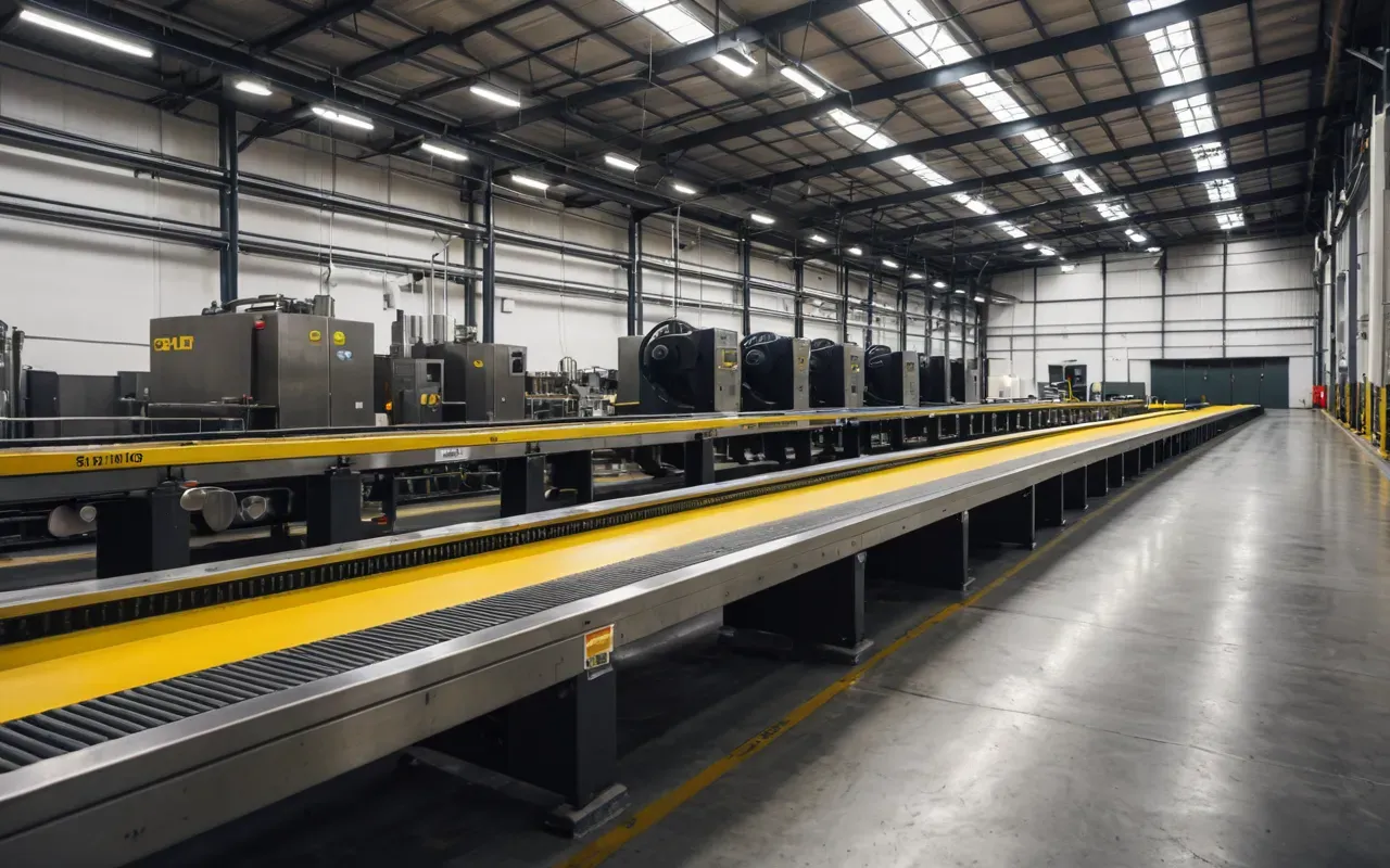 concrete plant interior design A pristine industrial factory floor with a large yellow and black belt conveyor system in the center. Bright overhead lighting reflects off polished concrete floors. The scene is clean, modern, and devoid of any human presence or textual signage.