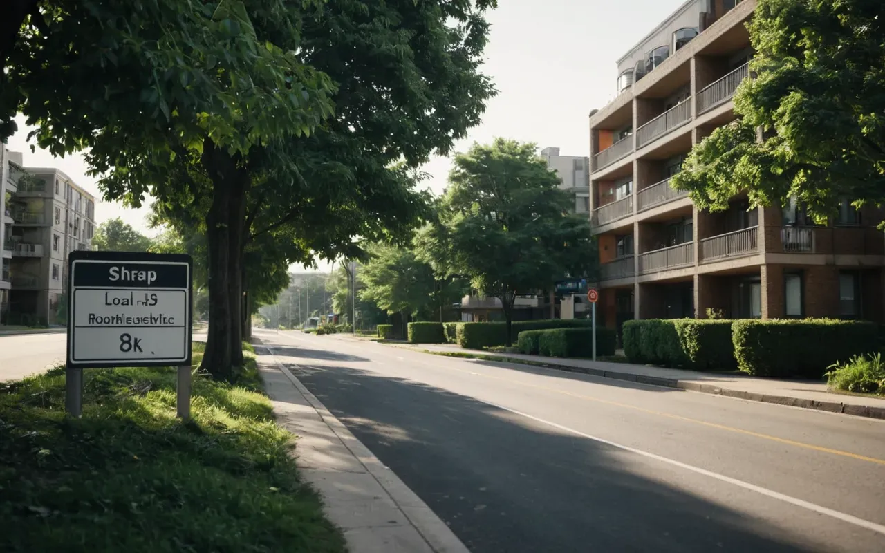 A quiet suburban street with modern multi-story apartment buildings and lush green trees lining the sidewalk under soft morning light.