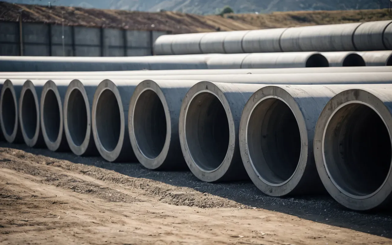 A row of large cylindrical concrete pipes stacked neatly in an outdoor storage yard under bright daylight. The surface texture is rough and gray with no visible markings or labels.