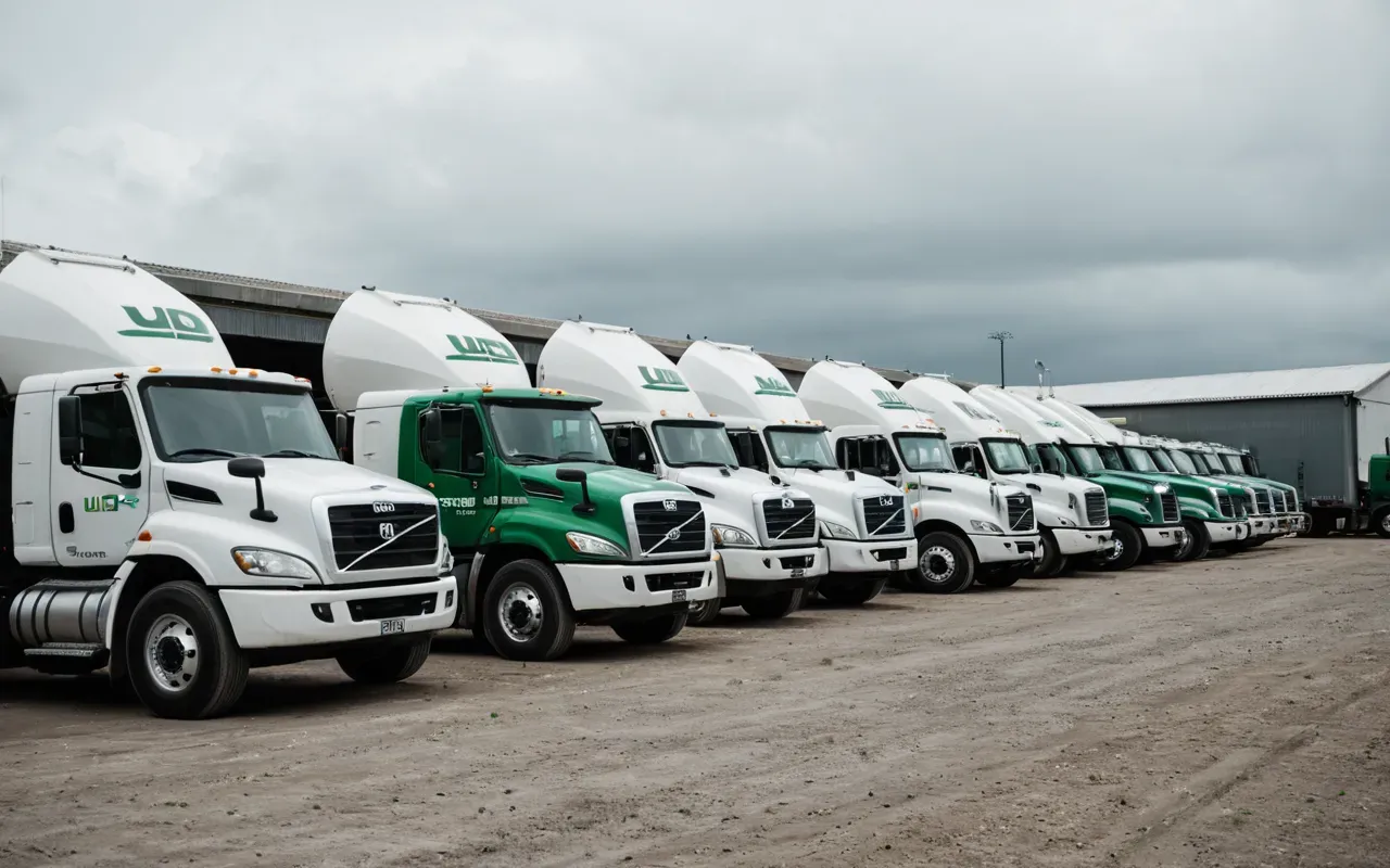 concrete mixer fleet display A row of modern concrete mixer trucks parked in a large open yard. The vehicles are sleek with green and white accents. The sky is overcast but bright, creating soft shadows on the asphalt surface.