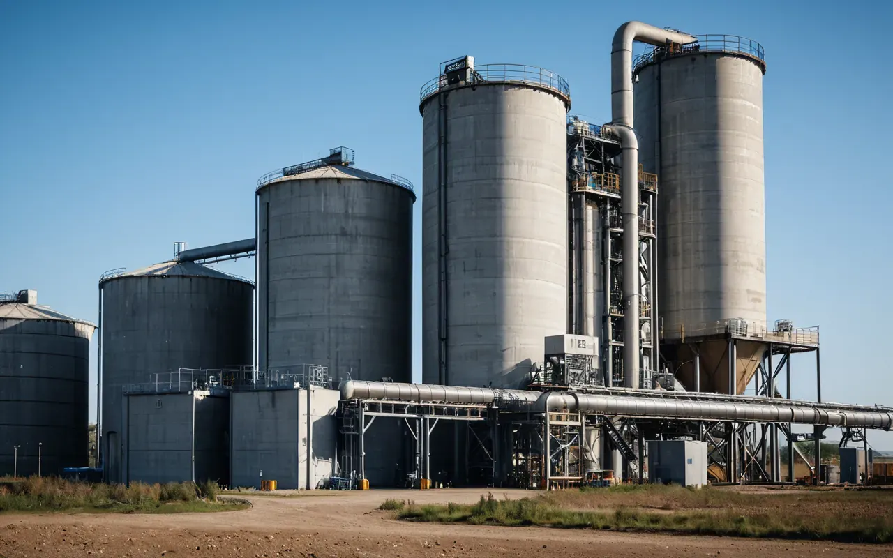 A towering industrial concrete batching plant with large silver cylindrical storage tanks and complex piping systems standing against a clear blue sky during bright midday sunlight.
