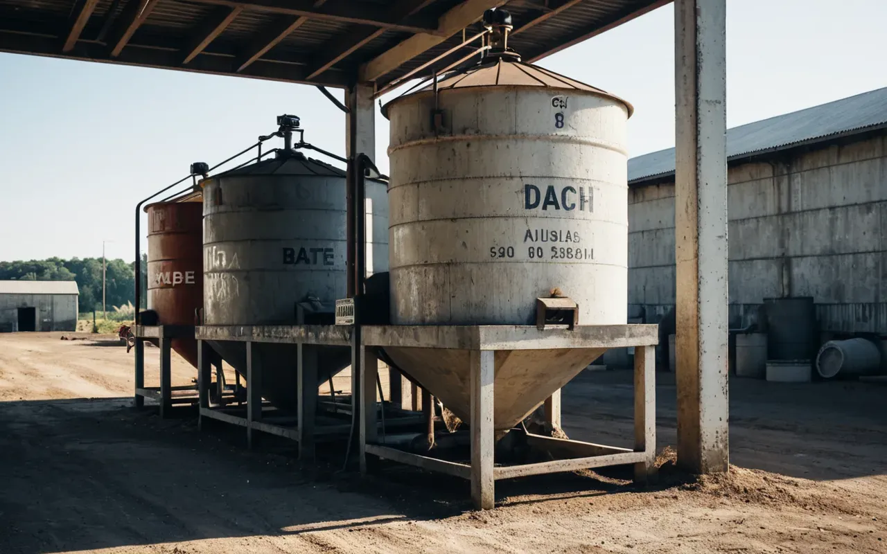 used concrete plant physical condition A weathered industrial concrete batching station with large hoppers and mixing drums sits in an open yard under bright daylight showing signs of heavy use.