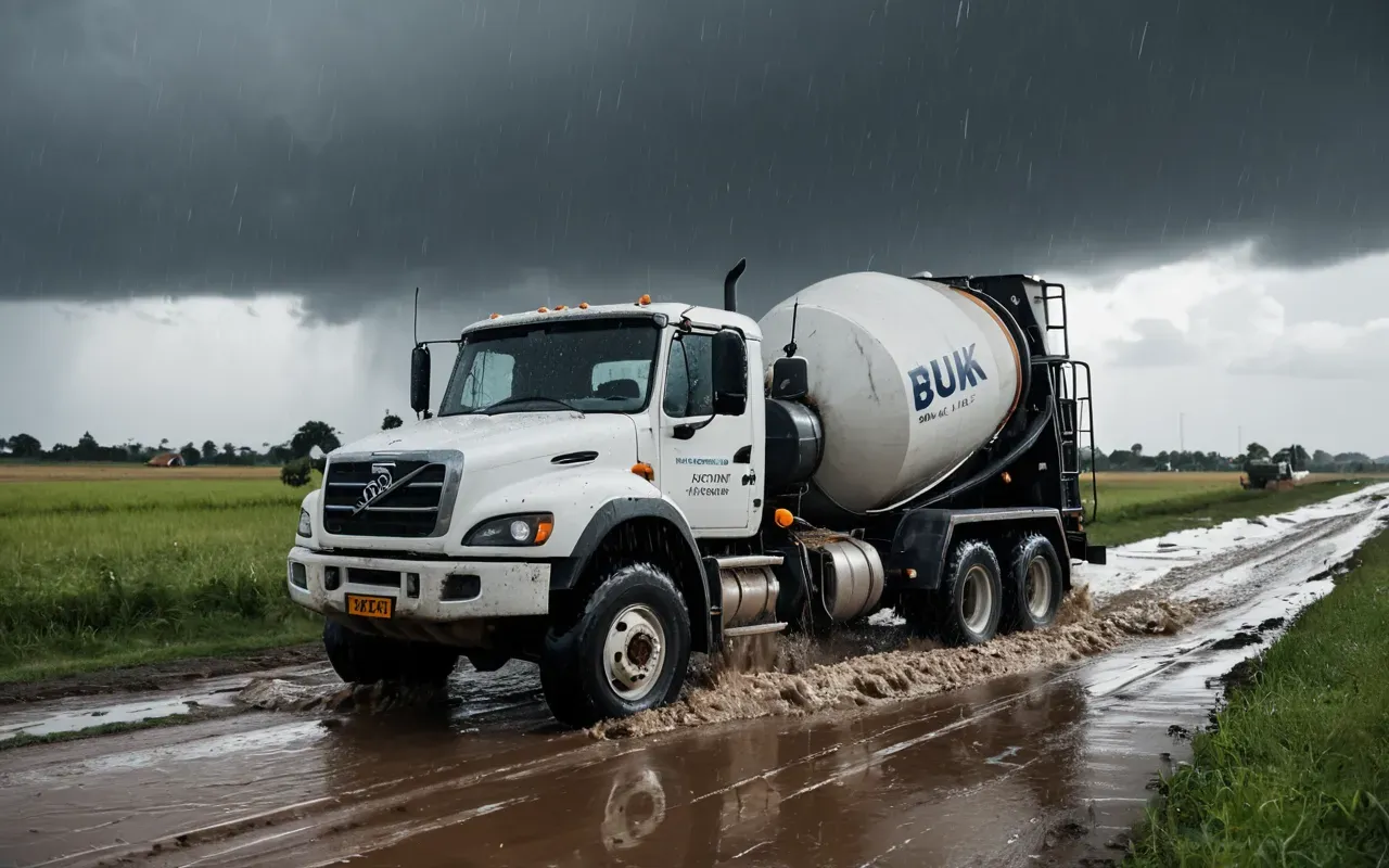 A wet concrete mixer truck stuck in a muddy ditch next to a flooded rural road under heavy gray rain clouds with water spraying from the tires and mud splattered on the side panels showing the difficulty of delivery during severe weather events.