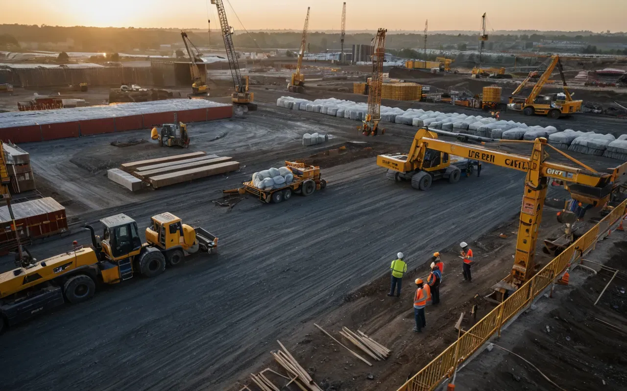 sustainable construction site activity A wide angle shot of a busy construction site at dawn with cranes and workers in high-visibility vests moving materials. The lighting is warm and golden, highlighting the scale of modern infrastructure projects that rely on sustainable building materials.