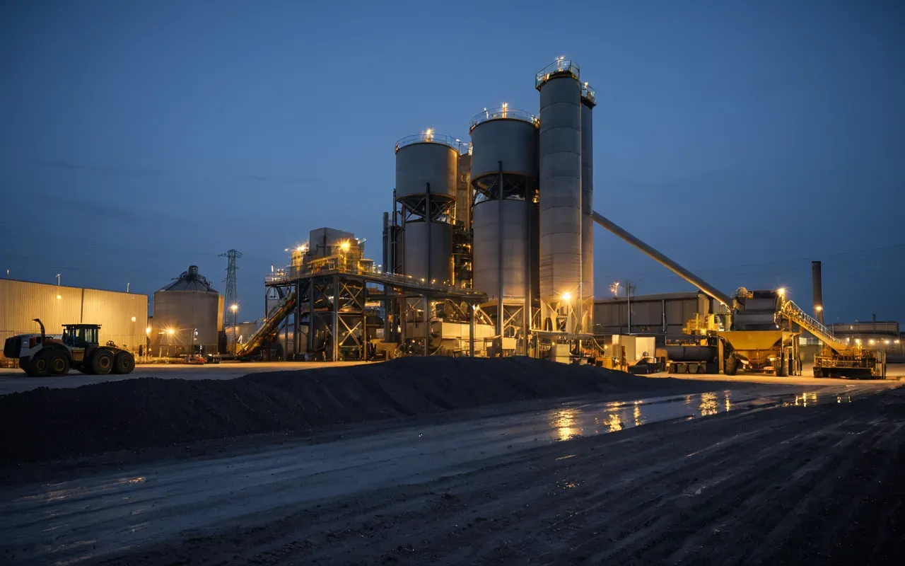 A wide-angle shot of a modern concrete batching plant facility at dusk with heavy machinery in the background and soft industrial lighting illuminating the equipment without any visible text or signage on the structures.