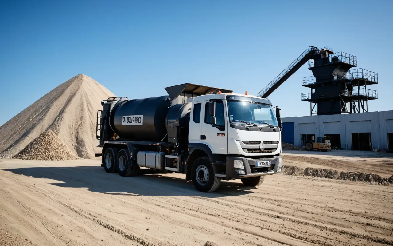 A wide angle shot of a modern construction site with a large industrial mixer truck parked near a pile of gravel and sand under a clear blue sky with no people present.