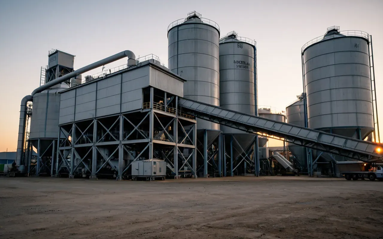 A wide angle shot of a modern industrial concrete batching plant exterior at dawn. The machinery is clean and metallic with large hoppers and silos standing against a soft blue sky. There are no people visible in the frame.