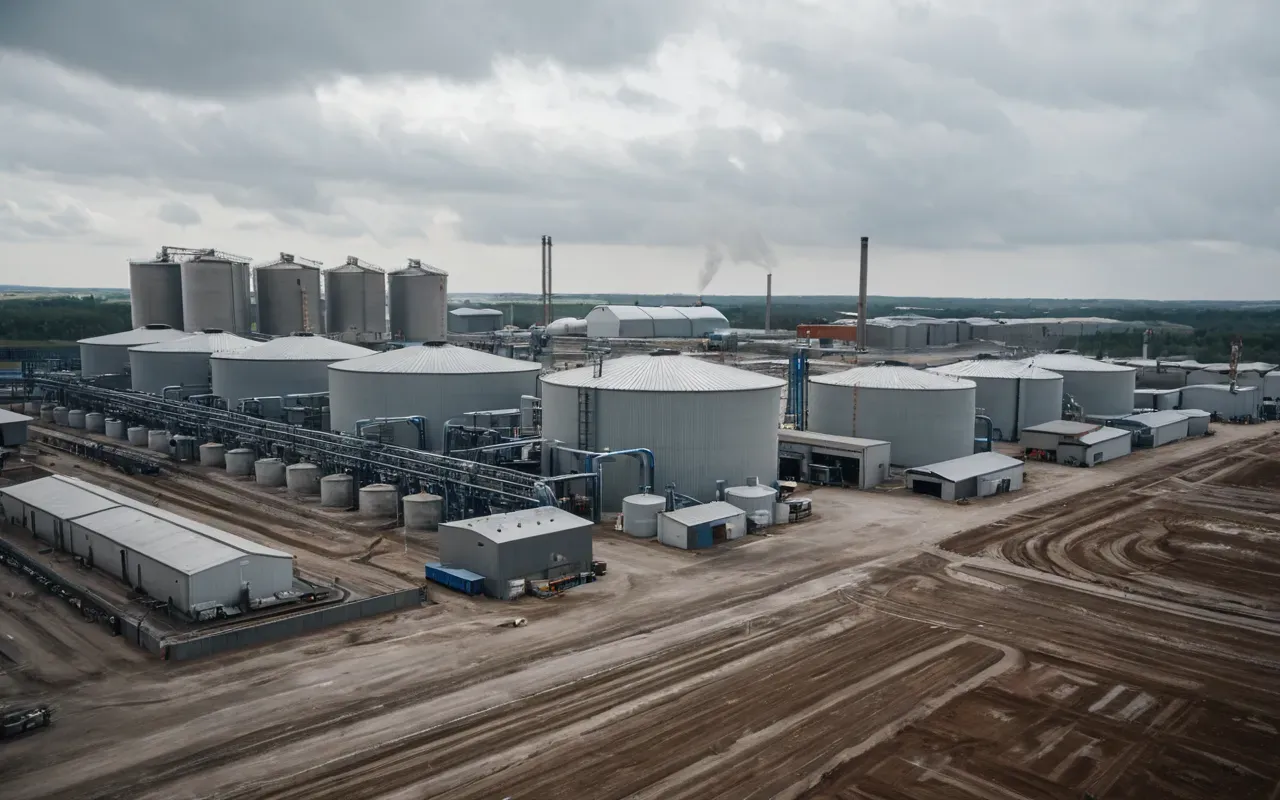 A wide angle view of a large industrial facility with multiple concrete mixing units and storage tanks under an overcast sky showing the scale of modern construction infrastructure without any visible text or signage.