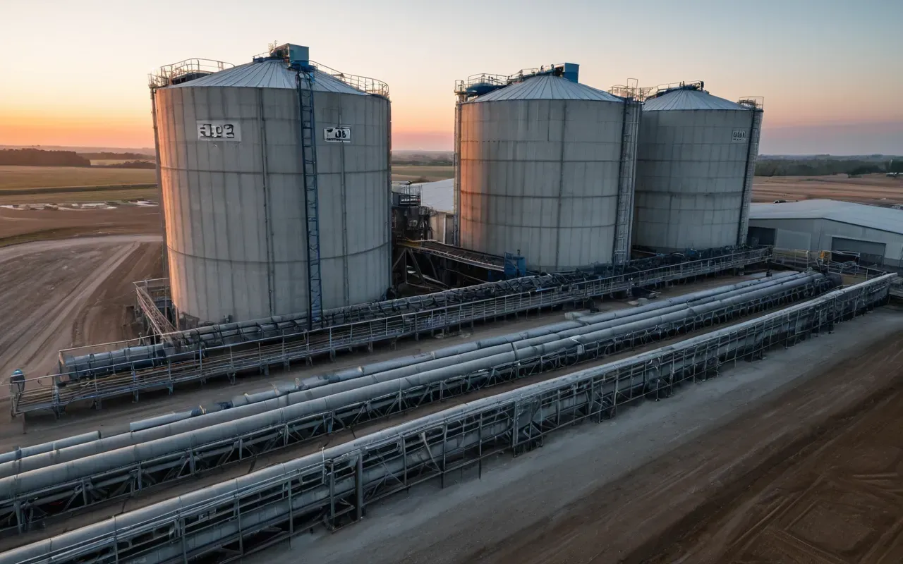 A wide-angle view of a modern industrial concrete batching facility at dawn, showing massive silos and automated mixing equipment with soft natural light reflecting off the metal surfaces.