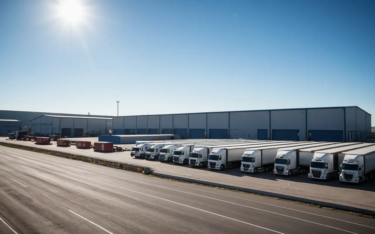 concrete equipment logistics hub A wide-angle view of an industrial complex with multiple large warehouses and loading docks. Trucks are being loaded onto flatbed trailers under a clear blue sky.