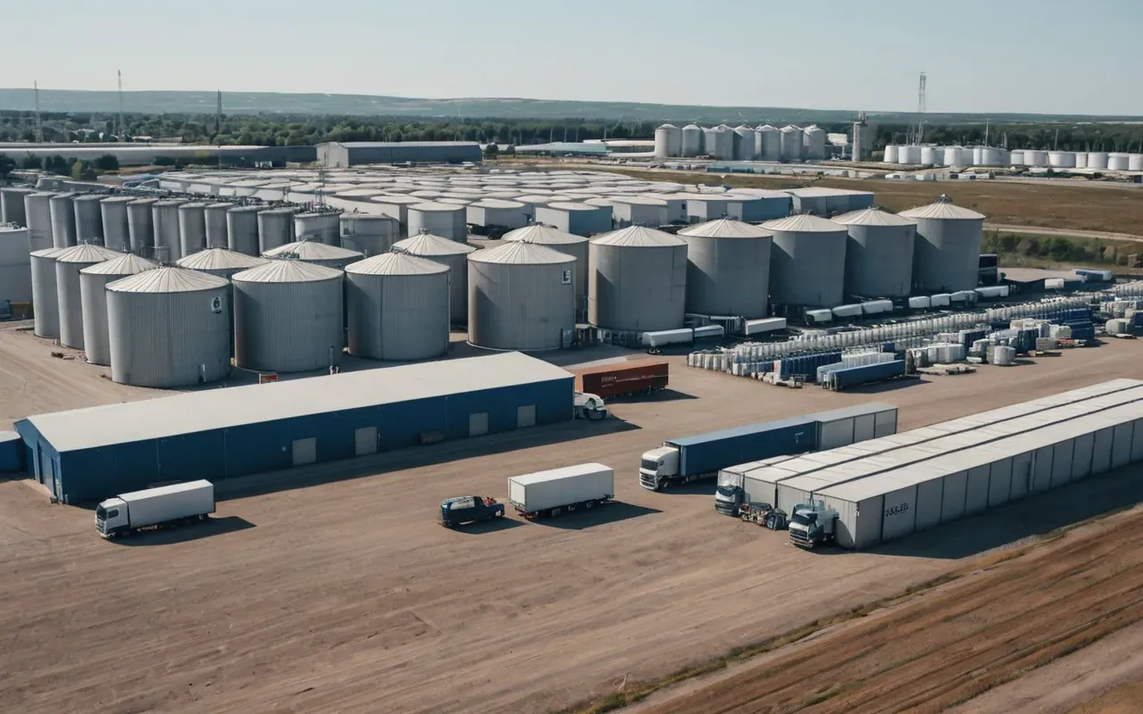 A wide shot of a clean industrial yard with parked trucks and large storage silos under a clear sky showing organized logistics operations without any visible text or branding.