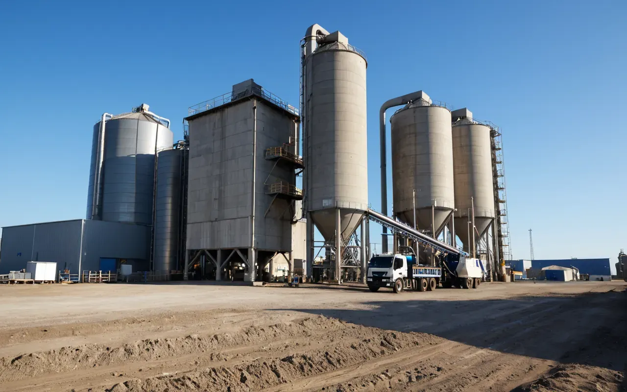 A wide shot of a modern dry concrete batching plant facility with large silos and mixing equipment under a clear blue sky during daytime.