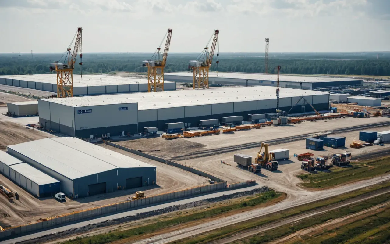 industrial distribution center build A wide view of a modern industrial distribution center under construction. Cranes and concrete trucks are active in the foreground.
