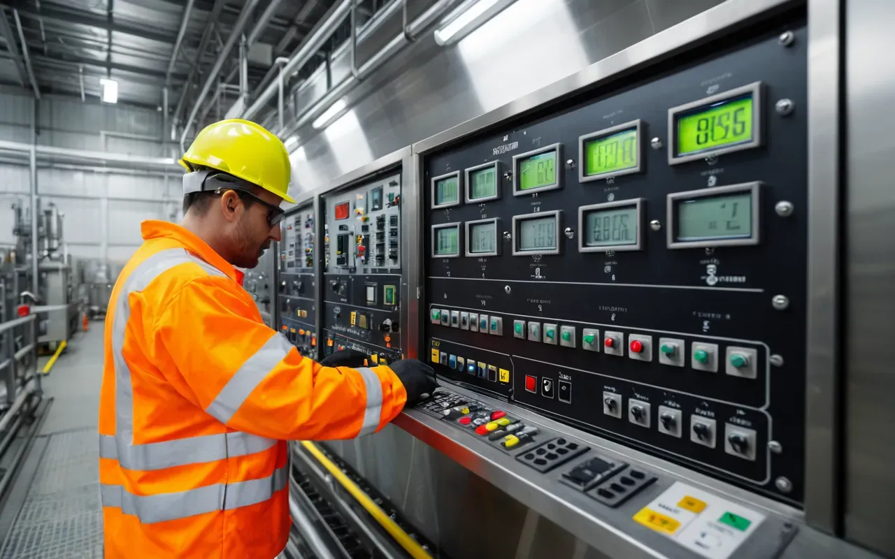 A worker in high visibility safety gear operating a large industrial control panel inside a clean well-lit facility with stainless steel equipment and digital displays showing real-time data without any readable text or labels.