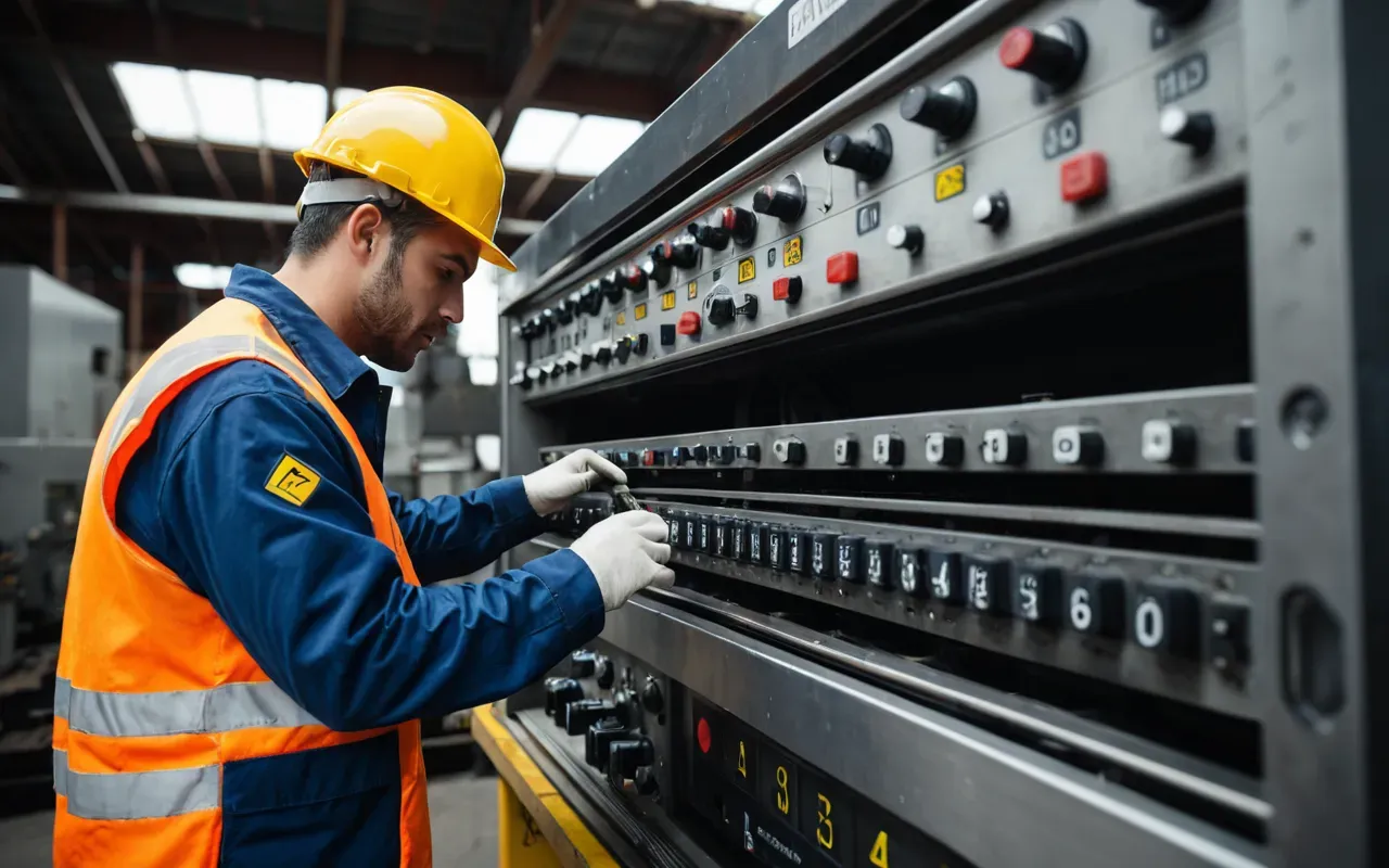 A worker in safety gear inspecting a large piece of industrial equipment with focus on the hands and tools.