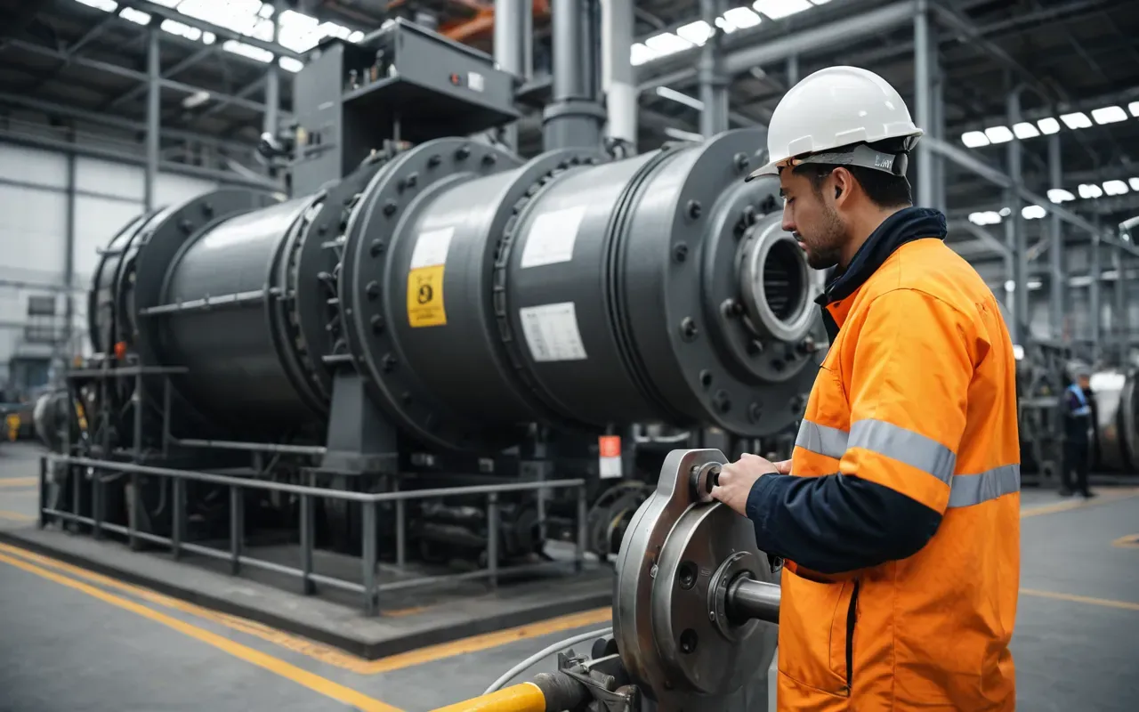 A worker in safety gear inspecting large industrial mixing machinery with focused attention. The background shows a clean modern production floor with bright overhead lighting and organized equipment arranged along the walls of a spacious facility.