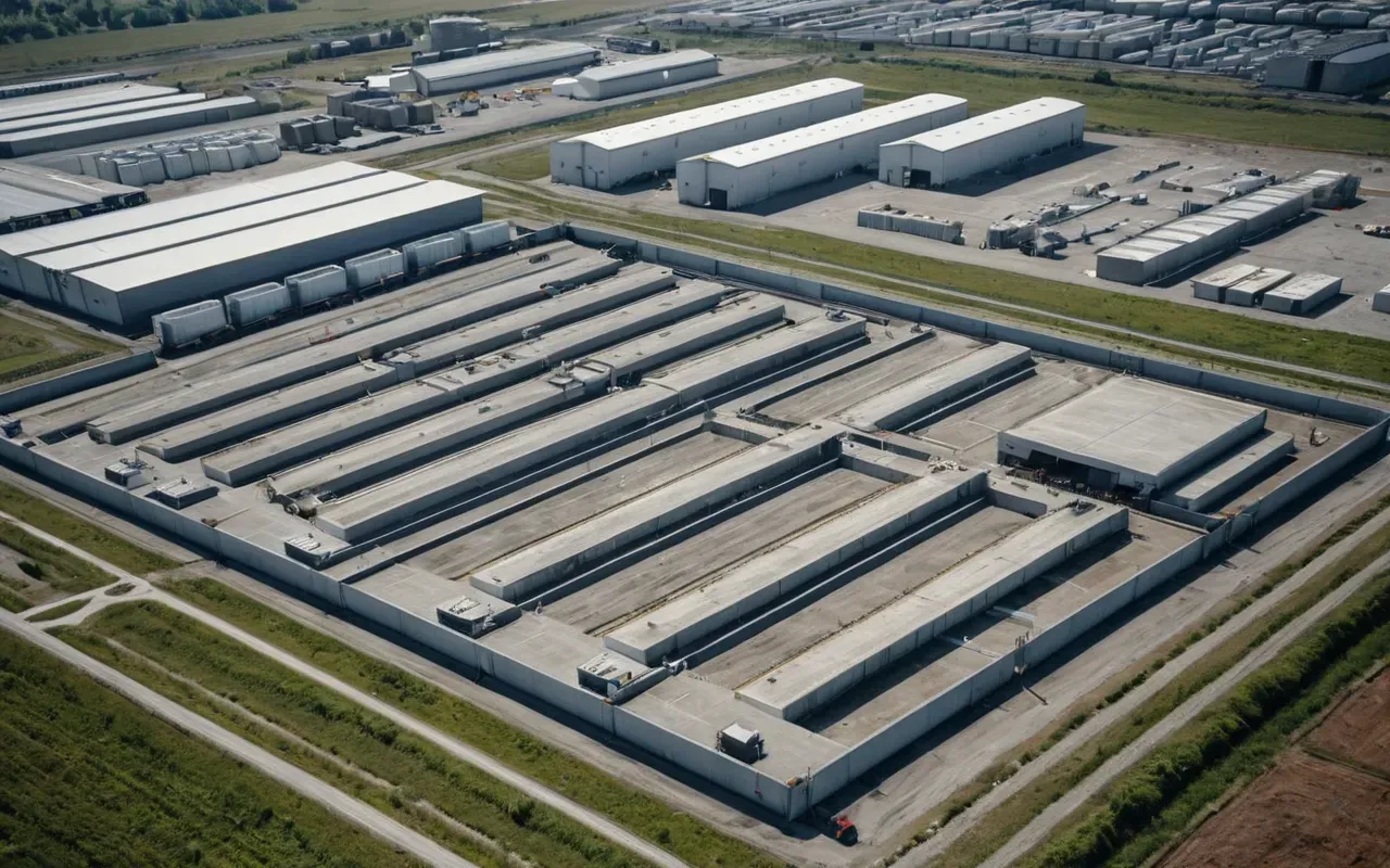 Aerial view of an industrial facility layout showing concrete pathways and large storage areas in high detail.