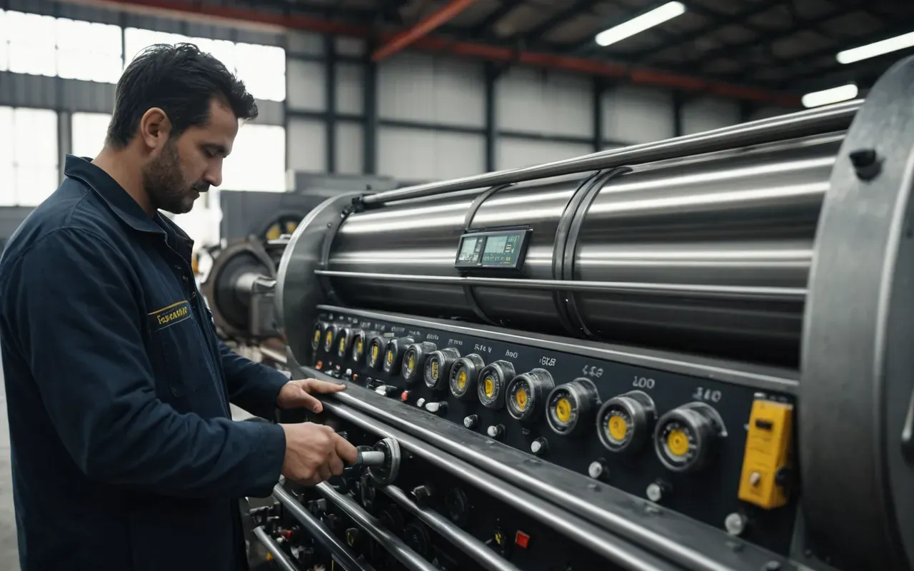 An engineer inspecting a large industrial mixing machine with tools in hand. The scene shows focused attention on mechanical components and control interfaces without visible text labels.